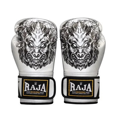 Luva de boxe Raja branca com detalhes de desenho de lobo feroz