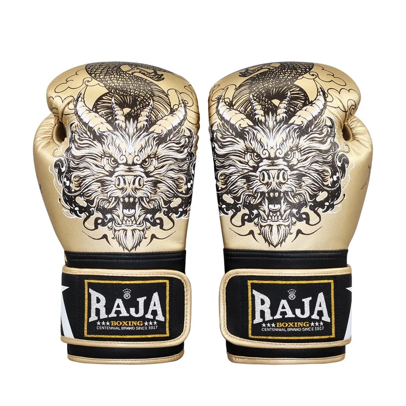 Luva de boxe da marca raja dourada, com estampa de dragão raivoso