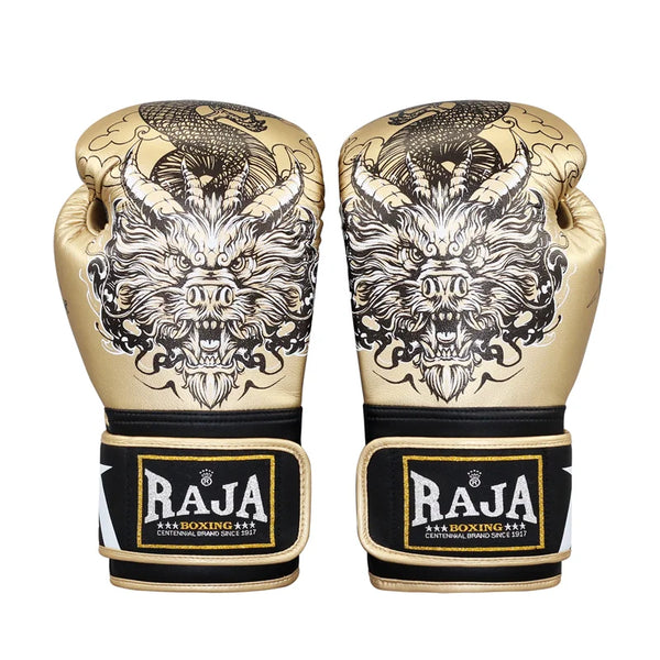 Luva de boxe da marca raja dourada, com estampa de dragão raivoso