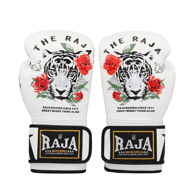 Luva de boxe raja branca com desenho de tigre branco com rosas vermelhas